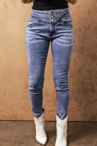 Stockpapa Calça Jeans Skinny Azul Claro Lavada com Botões de Cintura Alta